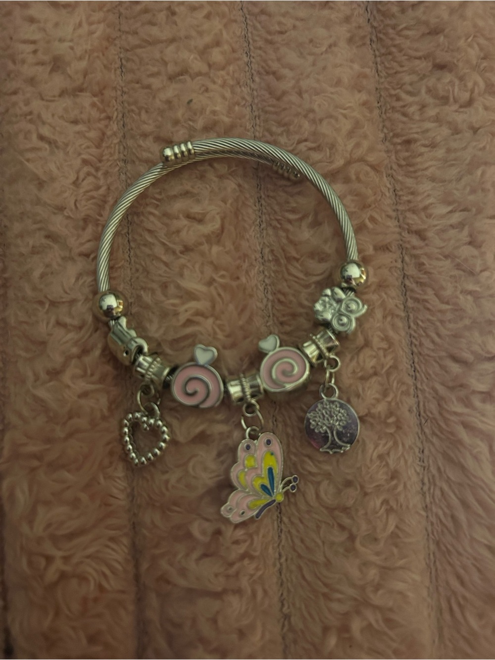 Silver-Tone Bracelet with Pink Swirl Beads and Butterfly Charm
